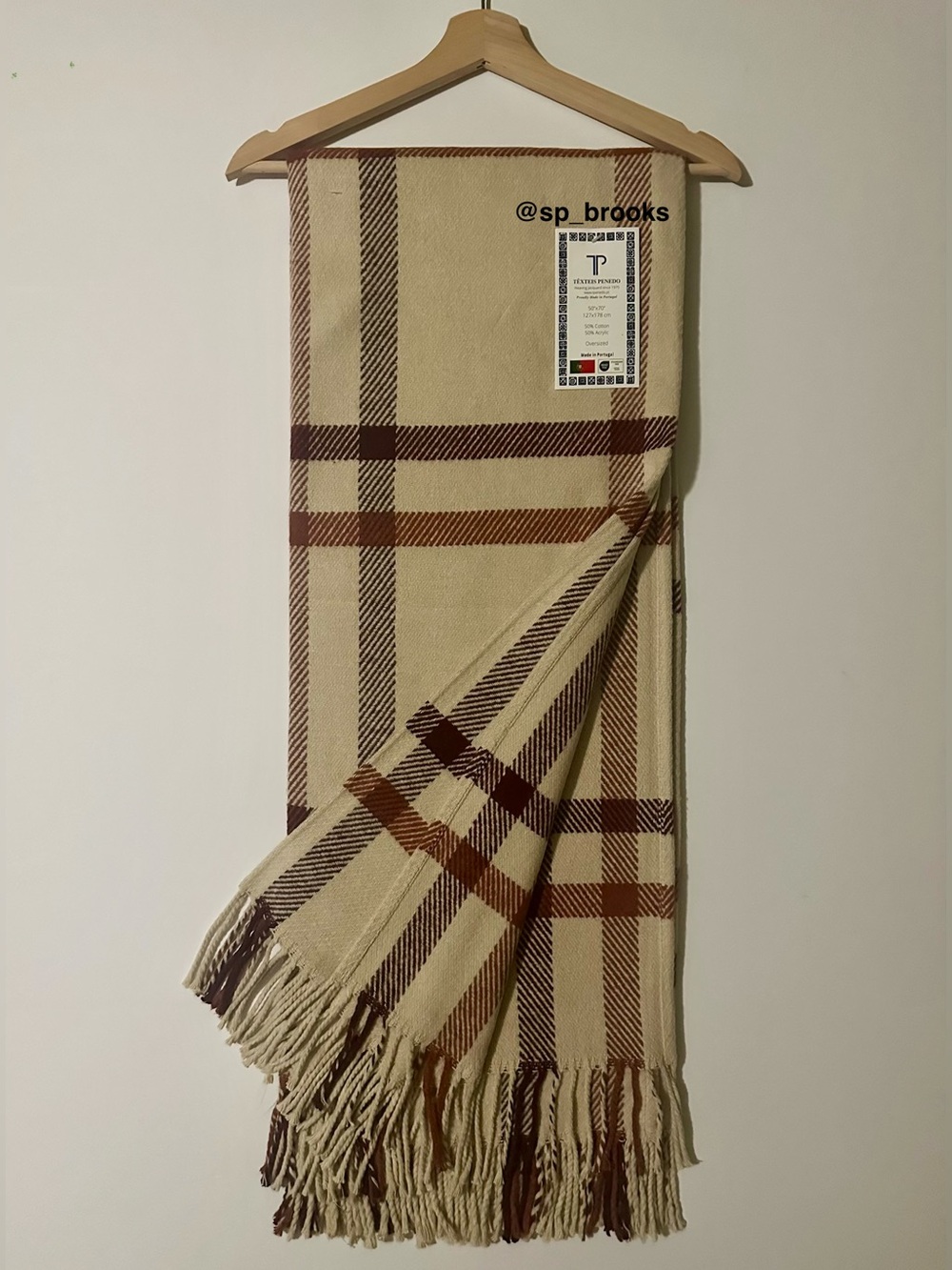 🎁Texteis Penedo Throw Blanket - Tan Plaid Cotton Blend Textured Throw